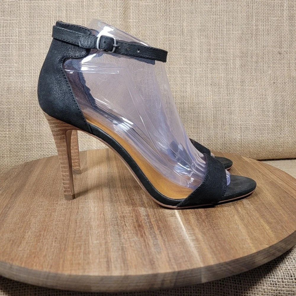 Lucky Brand Heels Black Leather Ankle Strap Stiletto Peep Toe Women's Size 6.5 M